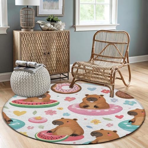 Soft Round Yoga Carpet, Large Home Decor Mat, Non Slip Machine Washable Kitchen Office Circle Rug Cute Capybaras