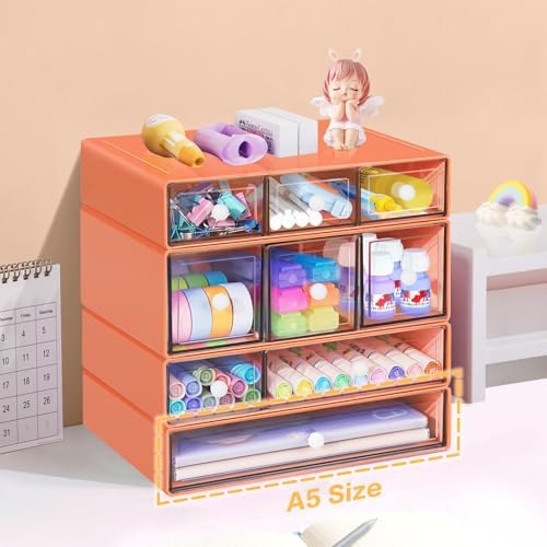 Desk Storage Organizer with 9 Drawers, 4 Tiers Stackable Desktop Craft Storage Drawers, Clear Storage Box Caddy for Stationary Makeup Jewelry Office Craft Supplies (Orange)
