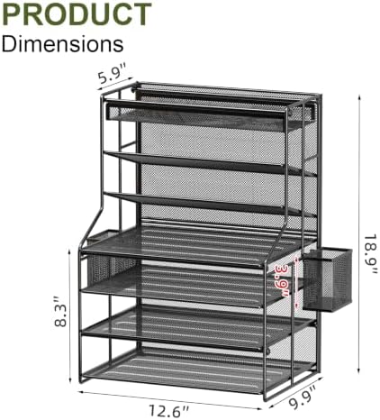 7 Tier Desk File Organizer, Black Metal Letter Tray Paper Organizer with Pull-Out Drawer, Removable Pen Holder & Hanging Basket, Vertical Desktop File Holder for Home Office, Classroom