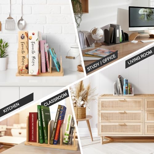 Cook Book Organizer, 4 Sections, Recipe Book Holder Rack, Tabletop Stand for Convenient Cookbook Storage, Vertical Cook Book Stand Kitchen, Binder Holder for Desk & Countertop (White)