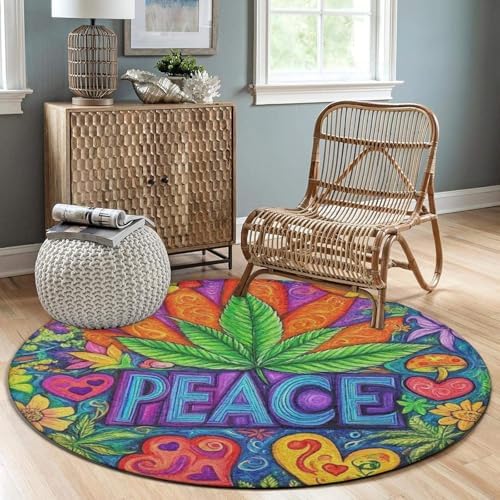 Room Sofa Yoga Soft Round Carpet, Home Decor Non Slip Kitchen Office Circle Rug, Machine Washable Modern Round Area Rug Peace and Love Colorful Flower Weed Leaf, 36inch