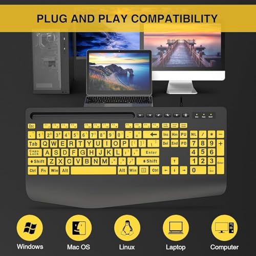 SABLUTE Large Print Computer Keyboard, Wired with Wrist Rest(Yellow+Black)