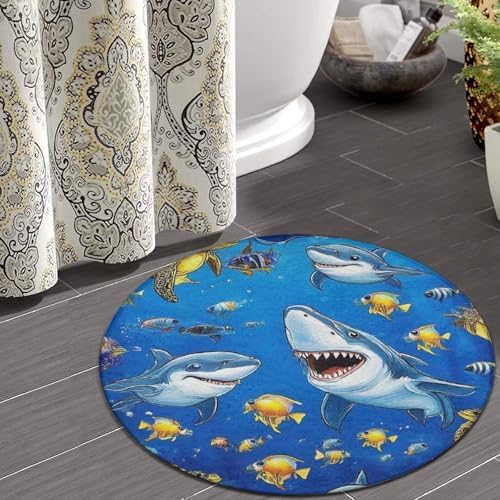 Highly Premium Quality Floor Mat, Office Chair Decor Mat, Room Sofa Yoga Soft Round Carpet Ocean Sea Shark Fish, 36inch