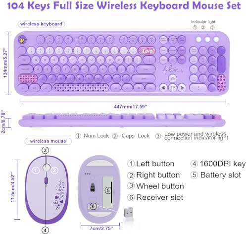 Wireless Keyboard and Mouse Combo, 104 Keys Cute Colorful Keyboard and Mouse with Retro Typewriter for PC/Mac/Laptop/Tablet/Computer/Windows Microsoft, Purple