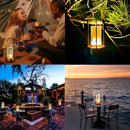 Portable Metal Table Lamp, 4000 mAh Outdoor Table Lights Rechargeable, 3 Color Stepless Dimmable Battery Operated Lamp for Patio, Camping, Bar Samll Desk Lamp for Indoor/ Outdoor (Black)