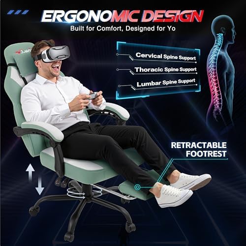 Gaming Chair for Adults with Footrest & Massage Lumbar Support, Ergonomic High Back Gamer Chair, Adjustable Swivel Computer Gaming Chairs with Headrest and Linkage Armrests,Green