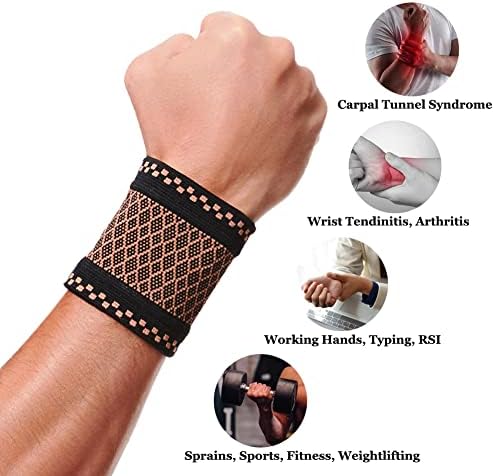 Copper Wrist Compression Brace (2Pcs), Elastic Wrist Support Sleeve Wrist Braces for Tendonitis, Arthritis, Carpal Tunnel Pain Relief, Soft Wrist Wrap Wristbands for Sport, Fitness, Workout, Typing(L)