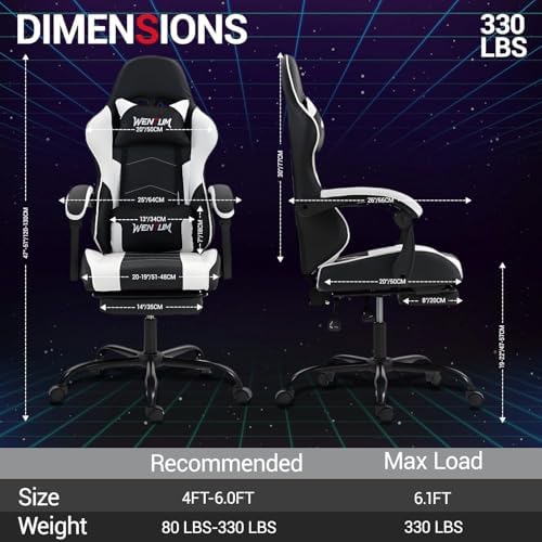Gaming Chair with Footrest for Adults - PU Leather Video Game Chair w/Massage Lumbar Support for Men Women, Ernogomic Computer Gamer Chair for Home Office, Height Adjustable, White