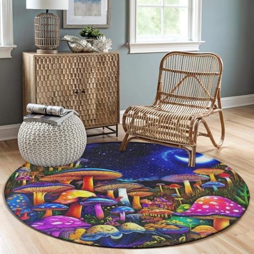 Room Sofa Yoga Soft Round Carpet, Home Decor Non Slip Kitchen Office Circle Rug, Machine Washable Modern Round Area Rug Magic Mushroom Mushrooms Scenery, 60inch