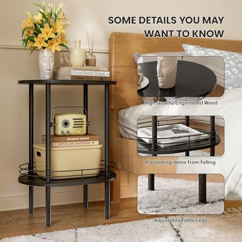 Black Oval Nightstand Set of 2, Small Modern Round Side Table with Storage