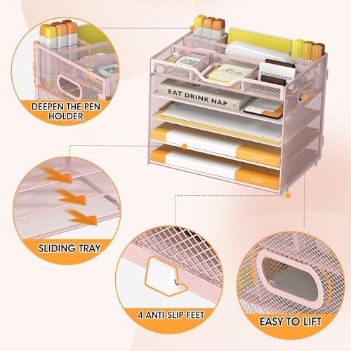 5 Tier Paper Letter Tray Desk Organizer with Pen Holders - Pink
