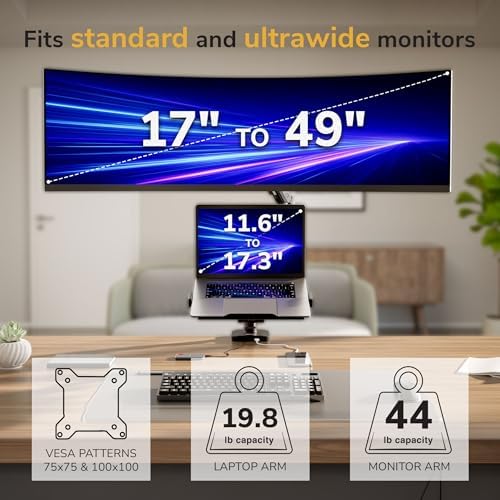 Mount-It! Proflex Series Premium Monitor and Laptop Mount with Pole, Gas Spring Arm, Supports 17–49" Ultrawide Monitors & 11.6–17.3" Laptops up to 44 lbs, USB 3.0 & USB-C, Full Motion