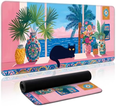 Aesthetic Desk Mat, Cute Quiet Cat Desk Pad Protector for Work & Decor, 35.4" x 15.7", Pretty Non-Slip Extended Mouse Pad for Office or Home