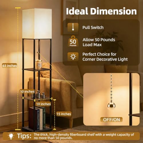 Floor Lamp with Shelves,Square Tall Standing Lamp for Living Room
