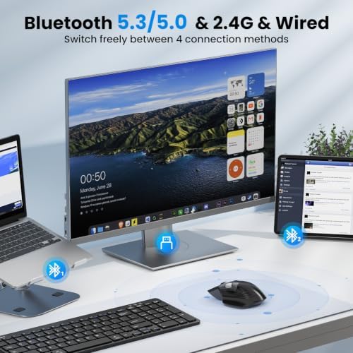TECKNET Wireless Mouse, Ergonomic Bluetooth Mouse (BT 5.3/5.0 & 2.4G & Wired), Rechargeable Mouse with Ultra-Fast Scrolling, Side Scroll, 6-Level DPI, Quiet Clicks, Optical Mouse for Laptop Desktop