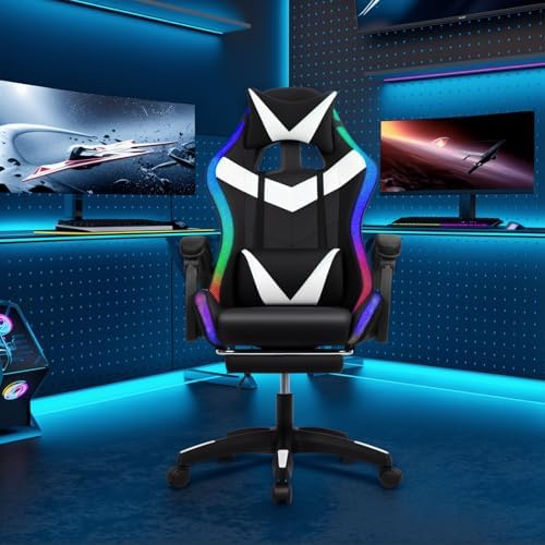 Gaming Chair with 2 Bluetooth Speakers & Lights, Ergonomic High-Back Office Chair with Headrest & 135° Recline, 360° Swivel Height Adjustable Faux Leather Computer Chair for Gaming, Office & Study