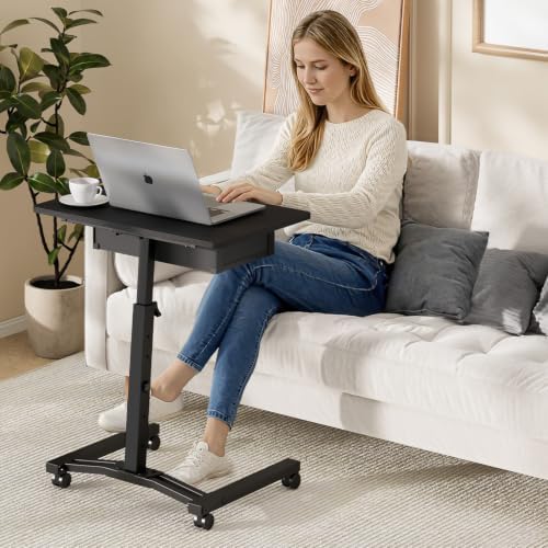 Rolling Adjustable Height Computer Desk With Drawers, Small Mobile Laptop Desk Cart On Wheels For Small Spaces Home Office, Portable Sitting Laptop Table For Bed Couch Load Up To 60LBS, Sturdy, Black