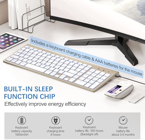 Wireless Backlit Keyboard and Mouse Ultra Slim Combo, TopMate - Gold White