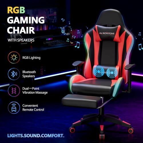 Mr IRONSTONE RGB Gaming Chair with Bluetooth Speakers, Ergonomic Gamer Chair with LED Lights, Vibration Lumbar Support, Footrest and High Back Reclining Design for Adults, Red