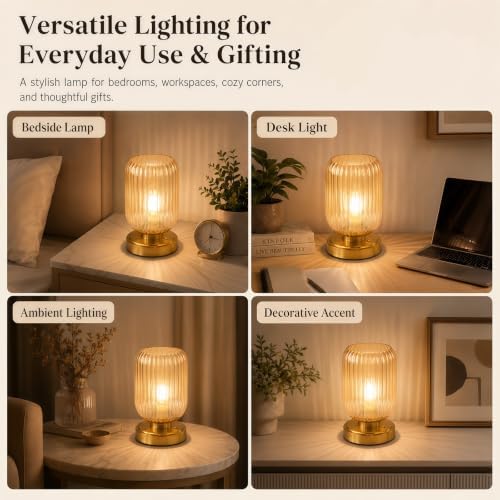 Cordless Glass Table Lamp, 3 Color Modes & Stepless Dimming, Amber