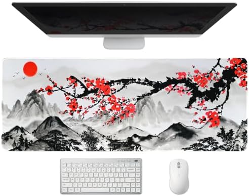 Extended Sakura Zen Desk Mat, XL Large Gaming Mouse Pad, Japanese Cherry Blossom Stitched Edges Waterproof with Non-Slip Rubber Base for Computer Keyboard Laptop Work Home Office 31.5"x11.8"