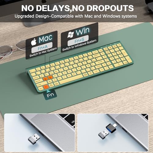 JOYACCESS Slim Compact Wireless Keyboard - Full-Size Silent Keys & Ergonomic Design, Number Pad & Dustproof Cover for Windows/Mac - Emerald Green