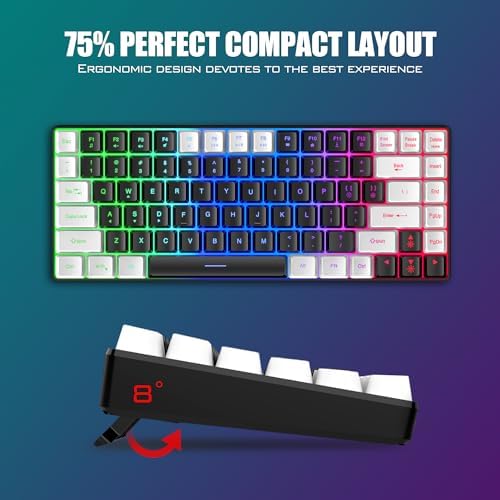 RedThunder K84 Wireless Keyboard and Mouse Combo, Rainbow Backlit Rechargeable Battery, 75% Layout TKL Ultra Compact Gaming Keyboard & Lightweight 3200 DPI Honeycomb Optical Mouse (Black-White)
