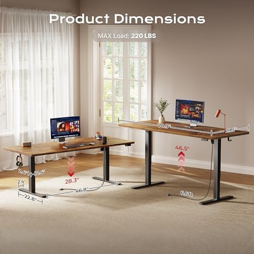 Huuger 71 x 30 Large Electric Standing Desk, Height Adjustable Computer Desk, 29.5" Deep Desktop, Stand up Gaming Office Table with 2 Hooks, 3 Preset Heights, for Home Office, Rustic Brown
