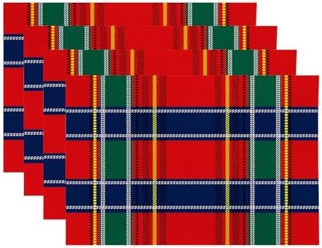 Royal Stewart Tartan Linen Placemats, Classic Red Scottish Plaid Green Table Mats for Table Washable Heat Insulation Thick Dining Mat, Indoor/Outdoor 12X18 in 4 Pcs