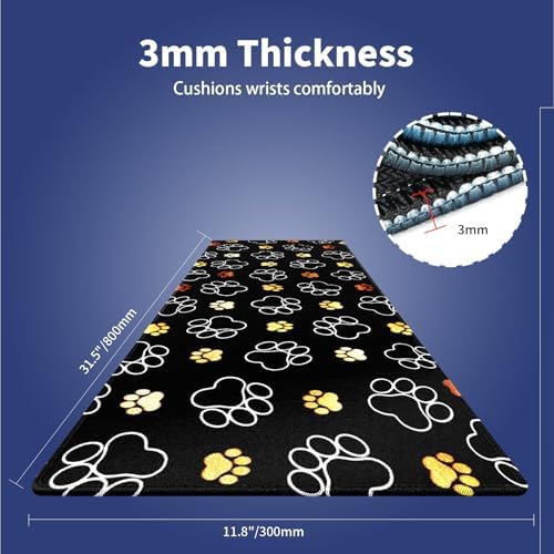 Gold White Pet Paw Large Mouse Pad, Cute Dog Cat Footprint Black Desk Mat