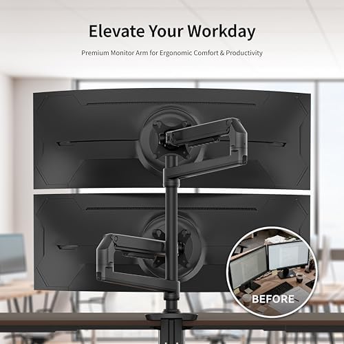 Ergounion Dual Monitor Mount, Holds Screens up to 40 Inches and 25 lbs, Fully Adjustable Dual Monitor Arm with C-Clamp and Grommet Base, Aluminum, Black