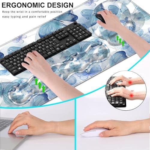 Mouse Pad,Large Pink Desk Mat, 4in1 XXL Mousepad + Keyboard Wrist Rest+Mouse Wrist Rest+Coaster Set with Ergonomic Desk Pad for Home Office Table Computer-Blue Butterfly