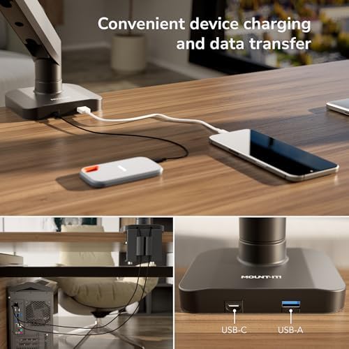 Mount-It! Dual Monitor Mount with Crossbar, Gas Spring Desk Mount for 2 Monitors 17–32", Holds 19.8 lbs Each, Full Motion Tilt Swivel Rotate, VESA 75x75 100x100, USB 3.0 & USB-C, Clamp or Grommet