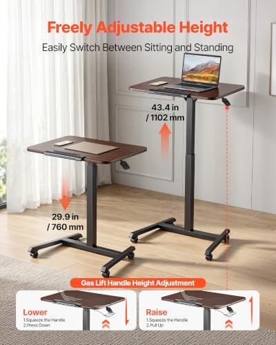 VEVOR Standing Desk, Adjustable Height Mobile Stand Up Desk with Tilting Desktop, 25.6 x 19 in Small Computer Sit Stand Rolling Workstation with 4 Casters, 33 lbs Capacity, Ideal for Home Office