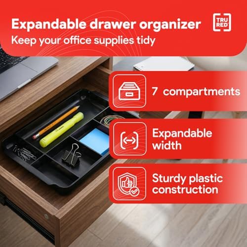 TRU RED Expandable Plastic Drawer Organizer, 7-Compartment, Black