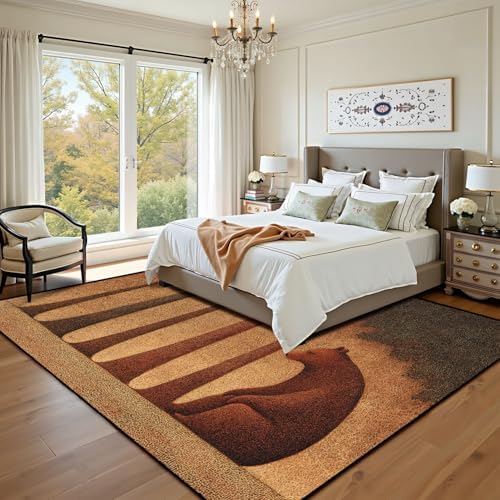 Serene Bear Pine Trees Tranquil Nature Landscape Art Area Rug Outdoor Patio Rug Play Mat Modern Floor Carpet Non-Slip Home Decor Living Room Kids Bedroom Nursery, 9x12 ft