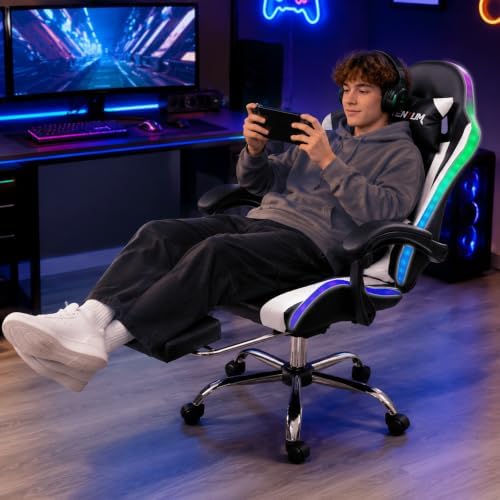 LED Lights Gaming Chair with Footrest, Black/White