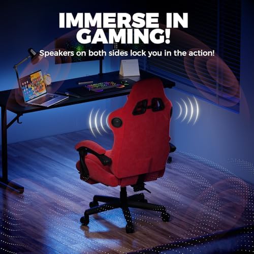 GTPLAYER ACE-PRO Music Gaming Chairs – Built-in Speakers, App Support & Bluetooth Control, Computer Game Chairs with Footrest for Adults, Ergonomic, Reclining, Linkage Armrest, Cherry Red 【Velvet】