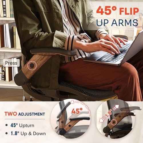 GABRYLLY Ergonomic Office Chair, High Back Home Desk Chair with 2D Flip-Up Arms, 3D Headrest, 90-120° Tilt and Wide Cushion, Big and Tall Mesh Chairs for Man Woman, Computer Task Chair Dark Wood Grain