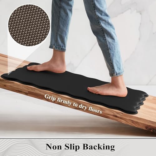 KIMODE Scalloped Kitchen Mats for Floor Cushioned Anti Fatigue,Black Carpet