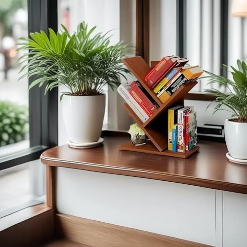 Small Bookshelf,3 Tier Wood Mini BookShelf,Tree Book shelf,Teak color