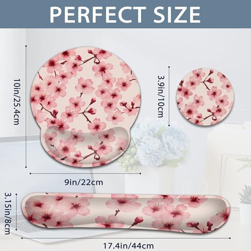 Cherry Blossoms Ergonomic Keyboard and Mouse Wrist Rest Set, Japanese Style Mouse Pad with Non Slip Base, Soft Cloth Surface for Office and Home Typing Support