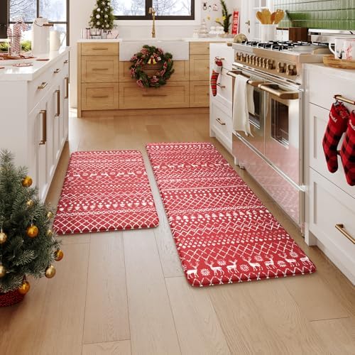 KIMODE Christmas Kitchen Rugs Sets of 2, Anti Fatigue Mats for Kitchen Floor, Farmhouse Red Christmas Kitchen Decor, Cushioned Kitchen Floor Mats Non Slip for Sink Laundry Desk 17"x47"+17"x29"