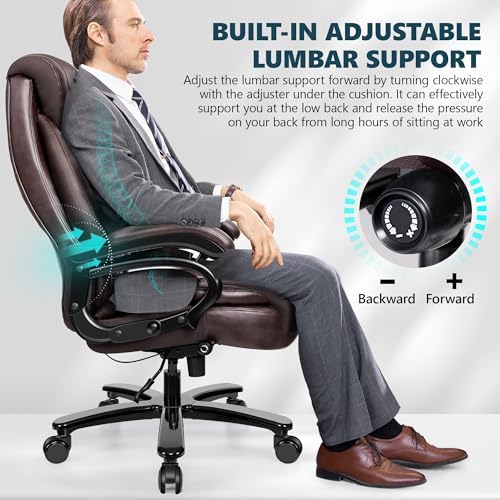 Big and Tall 500lbs Office Chair,Heavy Duty Large PU Leather Executive Desk Chair with Wide Seat, Adjustbale Ergonomic Lumbar Support High Back Rocking Computer Chair for Heavy People
