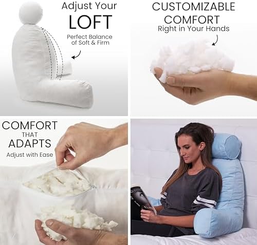 Husband Pillow XXL The Original for Adults - 30" Tall Backrest for Sitting Up in Bed - Firm Support Reading & Bed Rest Pillows for Adults, Neck Roll, Removable Cover - TV - Sky Blue