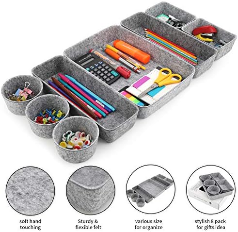 Welaxy 8-piece desk drawer organizer trays felt shallow bin Gray Minimalist