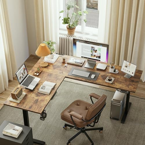 Agilestic 63 x 55 Inch L Shaped Electric Standing Desk, Rustic Brown