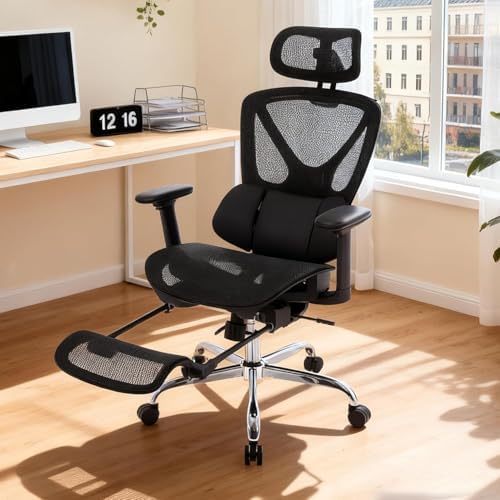 LuxErgo High Back Ergonomic Mesh Office Chair, Home Desk Chair with Adjustable Lumbar Support Foot Rest, 3D Headrest and Armrests, 350lbs Big and Tall High Back Reclining Gaming Chair, Black