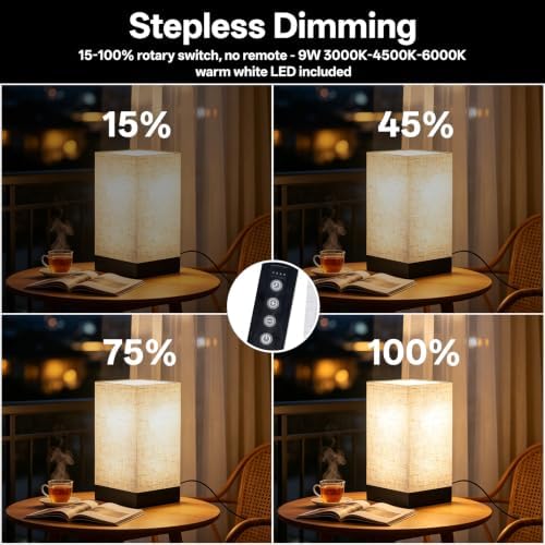Bedside Table Lamp, 9W EyeCare LED Night Light, 3 Color Temp & Stepless Dim