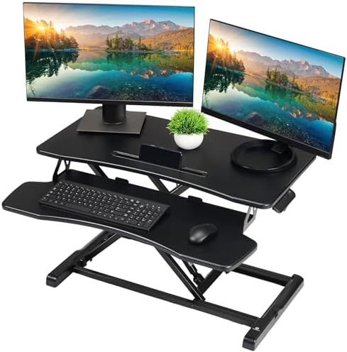 TechOrbits Standing Desk Converter-32-inch Height Adjustable, MDF Wood, Sit Riser-Black, 32"